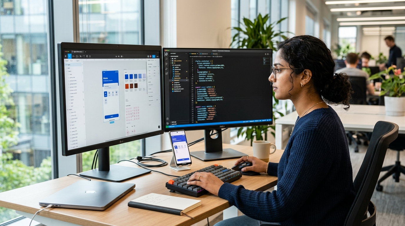 Design tokens moving from Figma to React Native: a developer reviews a token JSON and a React Native style sheet in a modern workspace.