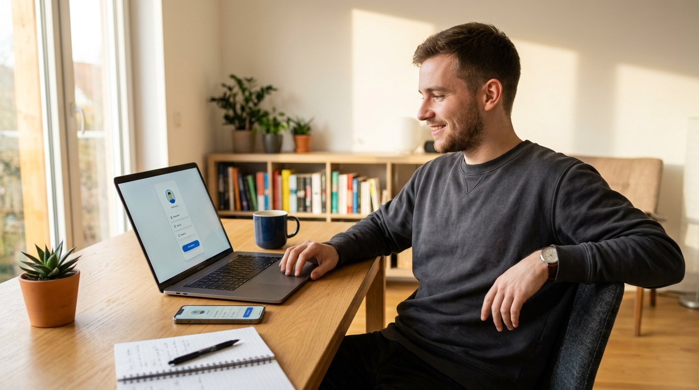 solo founder reviewing professional mobile app design generated with Dolfy design-to-code workflow