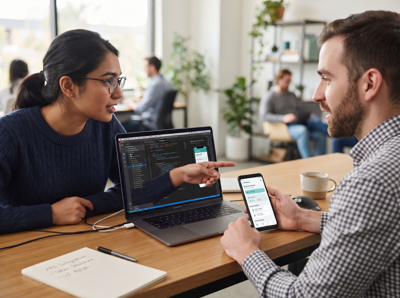 AI app design tool workflow with React Native UI components as a developer and teammate review a polished Dolfy.ai mobile app foundation on a laptop and phone.