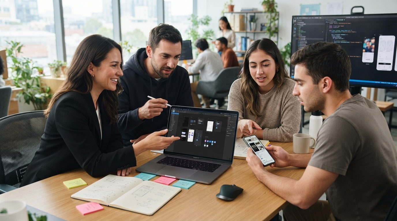 AI app design tool workflow in Dolfy.ai with founders and developers reviewing a mobile app interface together in a modern workspace.