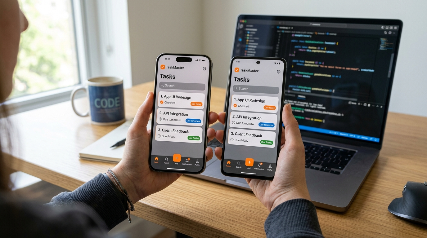 Dolfy design-to-code workflow for mobile apps — developer holding iPhone and Android phone showing UI design parity