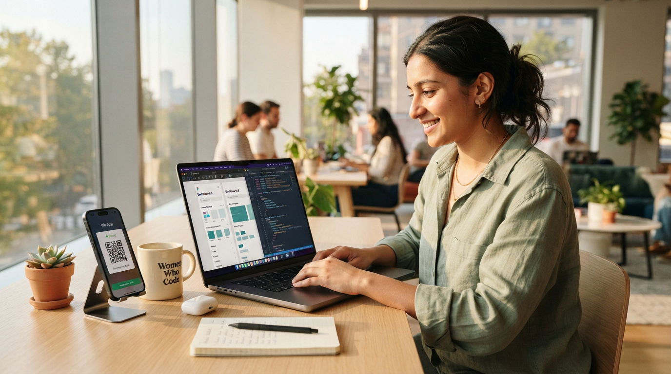 A solo founder at a laptop showing a Figma design and a matching React Native + Tailwind component generated from the same design system, with a phone displaying the Expo Go preview.